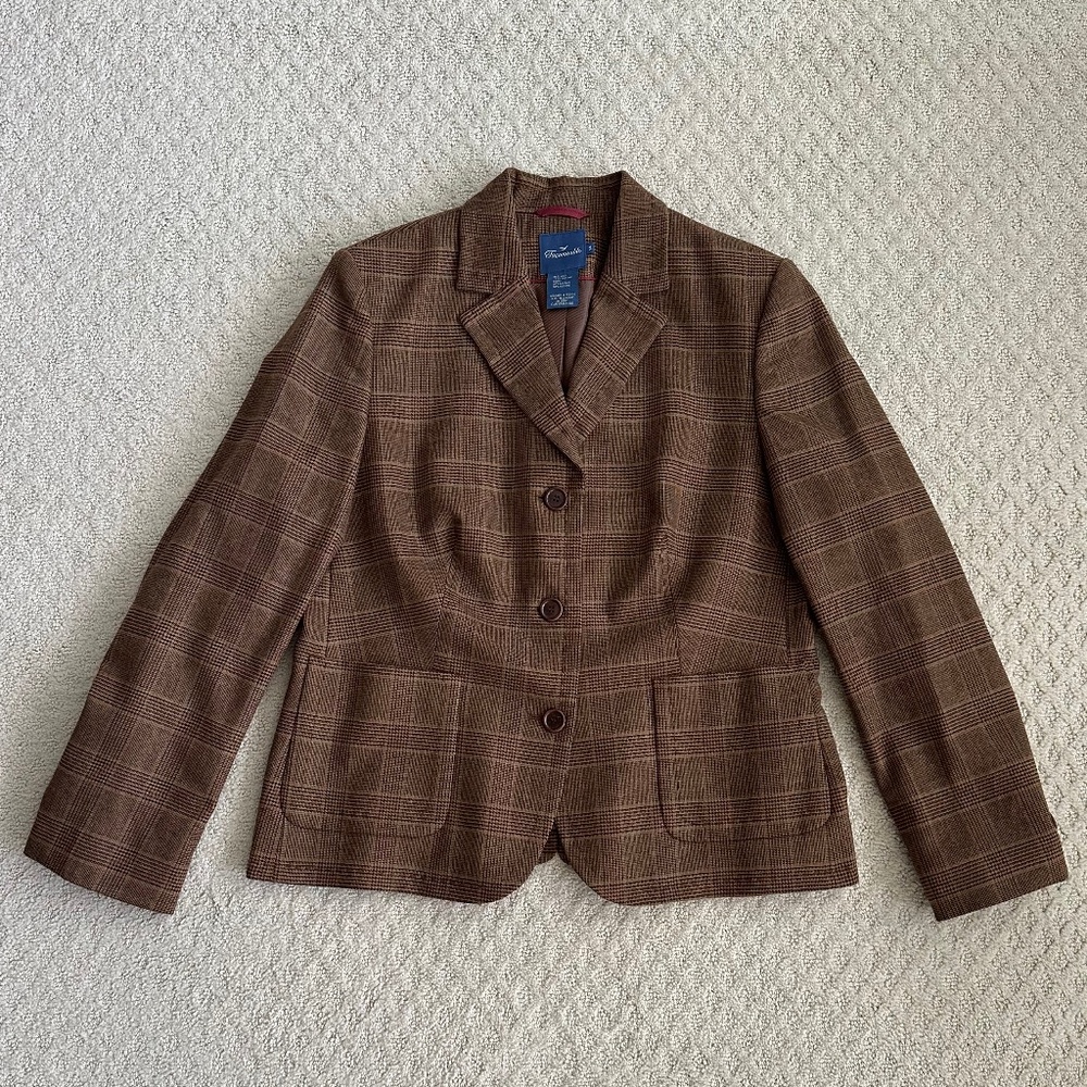 Faconnable Women's Brown Plaid Wool Jacket 14 Classic Preppy Office Luxury
